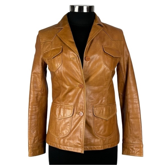 STEVE MADDEN Y2K RETRO 70'S CARAMEL LEATHER BUTTON DOWN CAR COAT JACKET - Picture 3 of 15